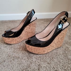 Steve Madden Black Patent Peep Toe Wedges Size 8.5